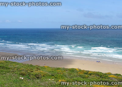 Stock image of rolling Atllantic waves on Newquay, Cornwall beach coastline