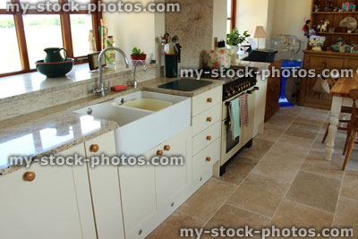 Stock image of cream Shaker kitchen, granite worktop surface, gas range cooker, Belfast sink