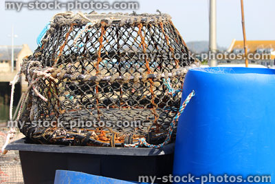 Stock image of buoys and crab / lobster pots at seaside harbour