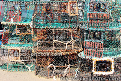 Stock image of round crab / lobster pots / traps, at fishing harbour