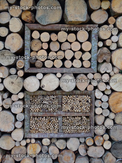 Stock image of large insect / bug hotel, made with logs, bamboo