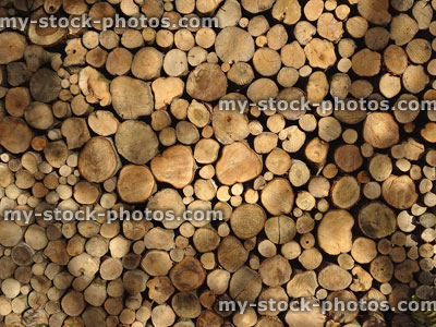 Stock image of firewood logs in pile, drying out and seasoning