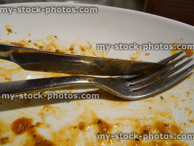 Stock image of dirty plate, remains of meal, knife and fork / cutlery