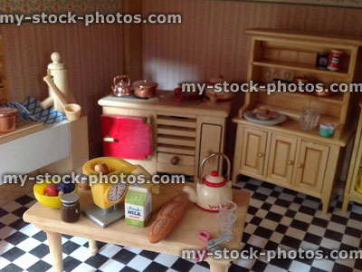 Stock image of dolls house wooden Victorian kitchen