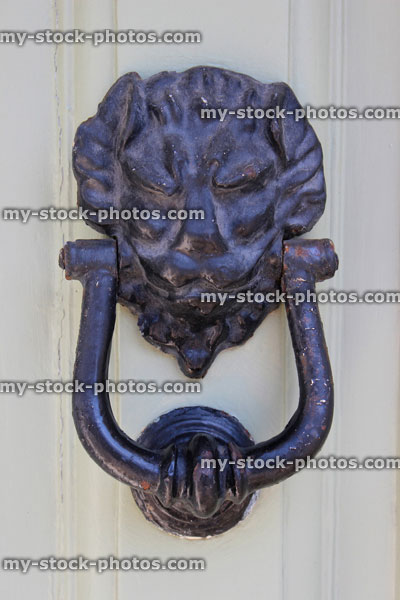 Stock image of ornamental lion door knocker on panelled white front door