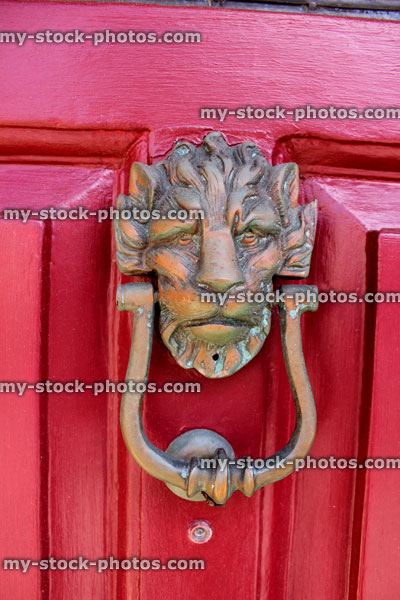 Stock image of ornamental lion door knocker on panelled red front door