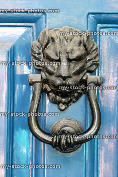Stock image of ornamental lion door knocker on panelled blue front door