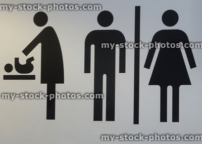 Stock image of toilet door sign, men (gents), women (ladies), baby changing