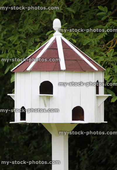 Stock image of homemade dovecote birdhouse in garden, white dovecot on post