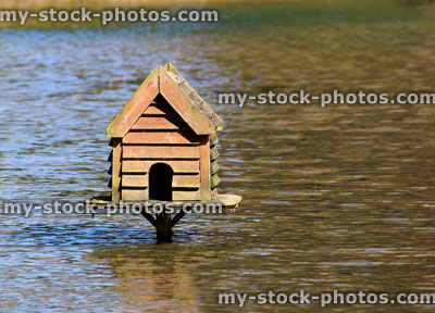 Stock image of duck house on pole, on large natural pond
