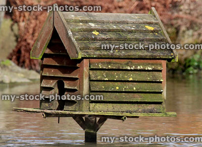 Stock image of duck house / nestbox standing on pole above water