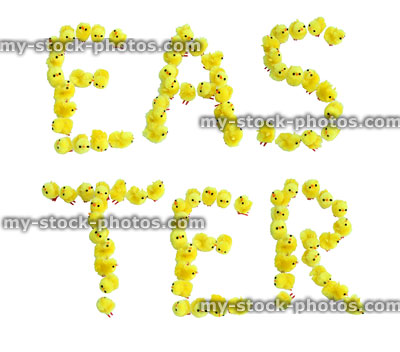 Stock image of word Easter Spelt with Cute Fluffy Chicks