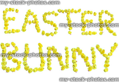 Stock image of words Easter Bunny Spelt with Fluffy Chicks