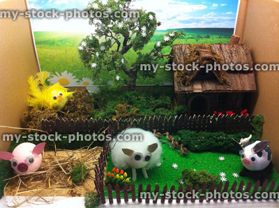 Stock image of homemade Easter farmyard scene with egg animal characters