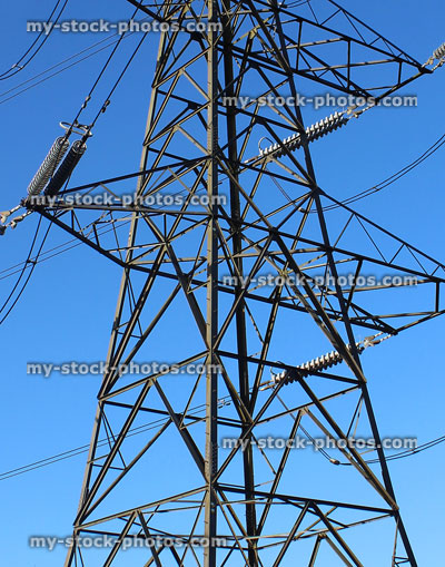Stock image of electricity pylon / transmission tower, cage, wires, insulators, metal structure