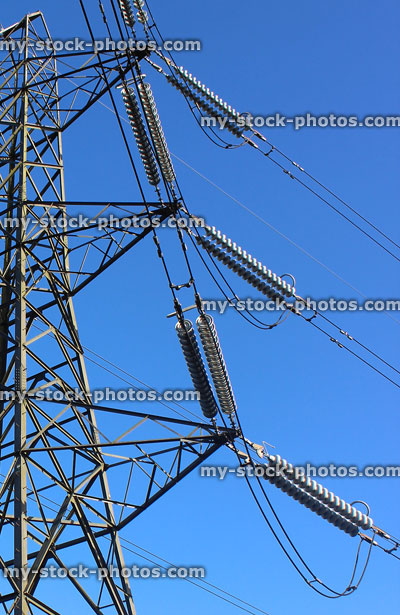 Stock image of electricity pylon / transmission tower, cage, wires, insulators, parts