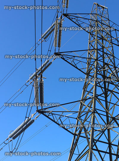 Stock image of electricity pylon / transmission tower, cage, wires, insulators, valves