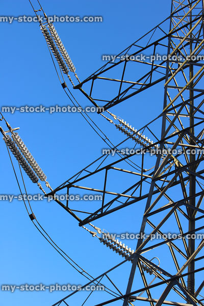 Stock image of electricity pylon / transmission tower, cage, wires, insulators, section