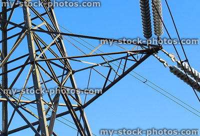 Stock image of electricity pylon / transmission tower, cage, wires, insulators, crossarm