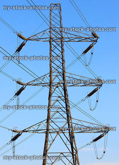 Stock image of high voltage electricity pylon tower and wires, sky