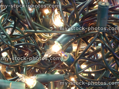 Stock image of tangled white Christmas tree fairy lights, twinkling xmas lights