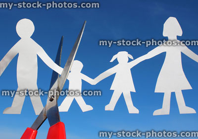 Stock image of separated amily paper chain, people / dolls, scissors cutting, divorce / split, single father