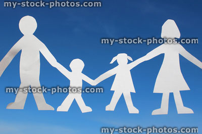 Stock image of family paper chain of people / dolls, held against blue sky