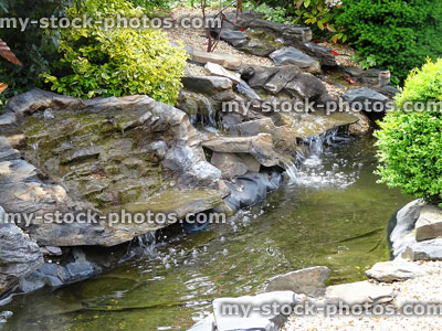 Stock image of artificial grey pond waterfalls made from plastic / fibreglass