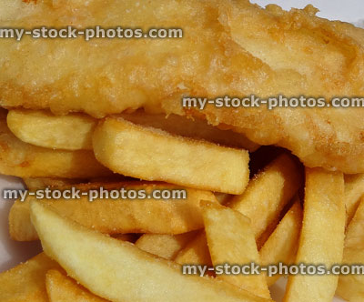 Stock image of tasty battered fish / cod and chips from takeaway