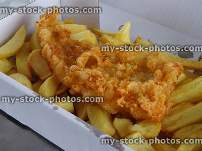 Stock image of crispy, crunchy battered cod, takeaway fish and chips