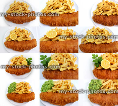 Stock image of montage of multiple battered fish and chipss on plate