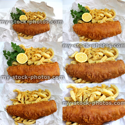 Stock image of montage of multiple battered fish and chips, greaseproof paper