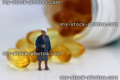 Stock image of mini figure stood by white, plastic pill bottle of vitamins