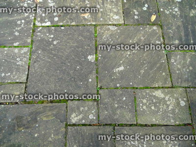 Stock image of old irregular grey flagstone paving / rectangular pattern, moss / lichen