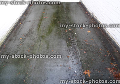 Stock image of wet felt / asphalt flat roof in rain, puddles