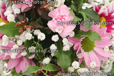 Stock image of floral arrangement with pink carnations and white gypsophila flowers