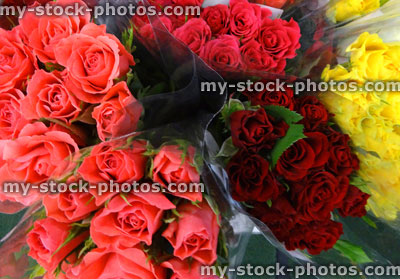 Stock image of bunches of red roses, pink and yellow rose flowers