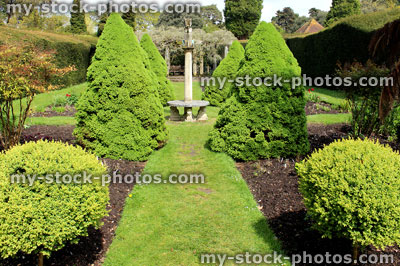 Stock image of formal garden with topiary trees, shrubs and sundial 