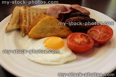 Stock image of full English breakfast, with sausage, bacon and egg