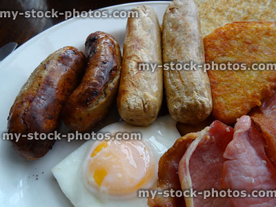 Stock image of pork / vegetarian sausages, bacon, fried egg, English fried breakfast