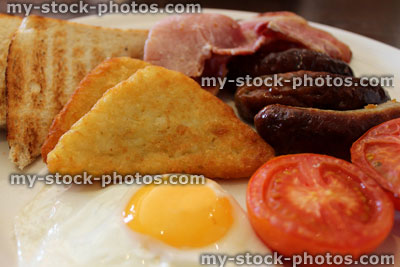 Stock image of fried English breakfast, with sausage, bacon and egg