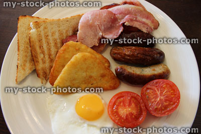 Stock image of fried English breakfast, with sausage, bacon and egg