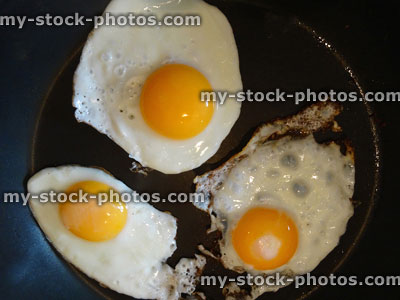 Stock image of three fried eggs being cooked in non stick frying pan, breakfast