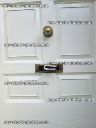 Stock image of georgian white front door, wooden panels, brass knob / letterbox
