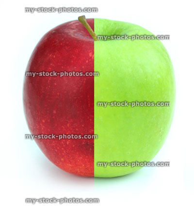 Stock image of red / green apple, two apple halves together, real and fake