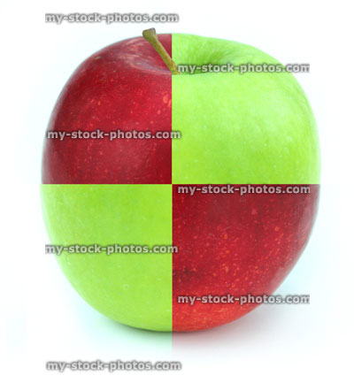 Stock image of red / green apple, two apples joined together as quarters