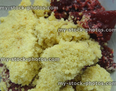 Stock image of homemade apple and blackberry crumble dessert, freshly cooked pudding, dish