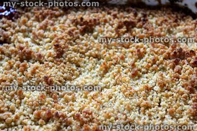 Stock image of homemade blackberry and apple crumble, freshly cooked, dish
