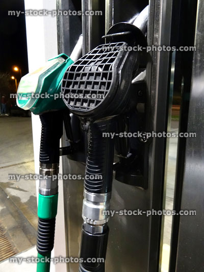Stock image of fuel pumps in petrol / gas station, unleaded / diesel