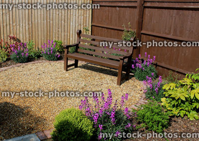 Stock image of wooden garden bench surrounded by Erysimum 'Bowles's Mauve'
